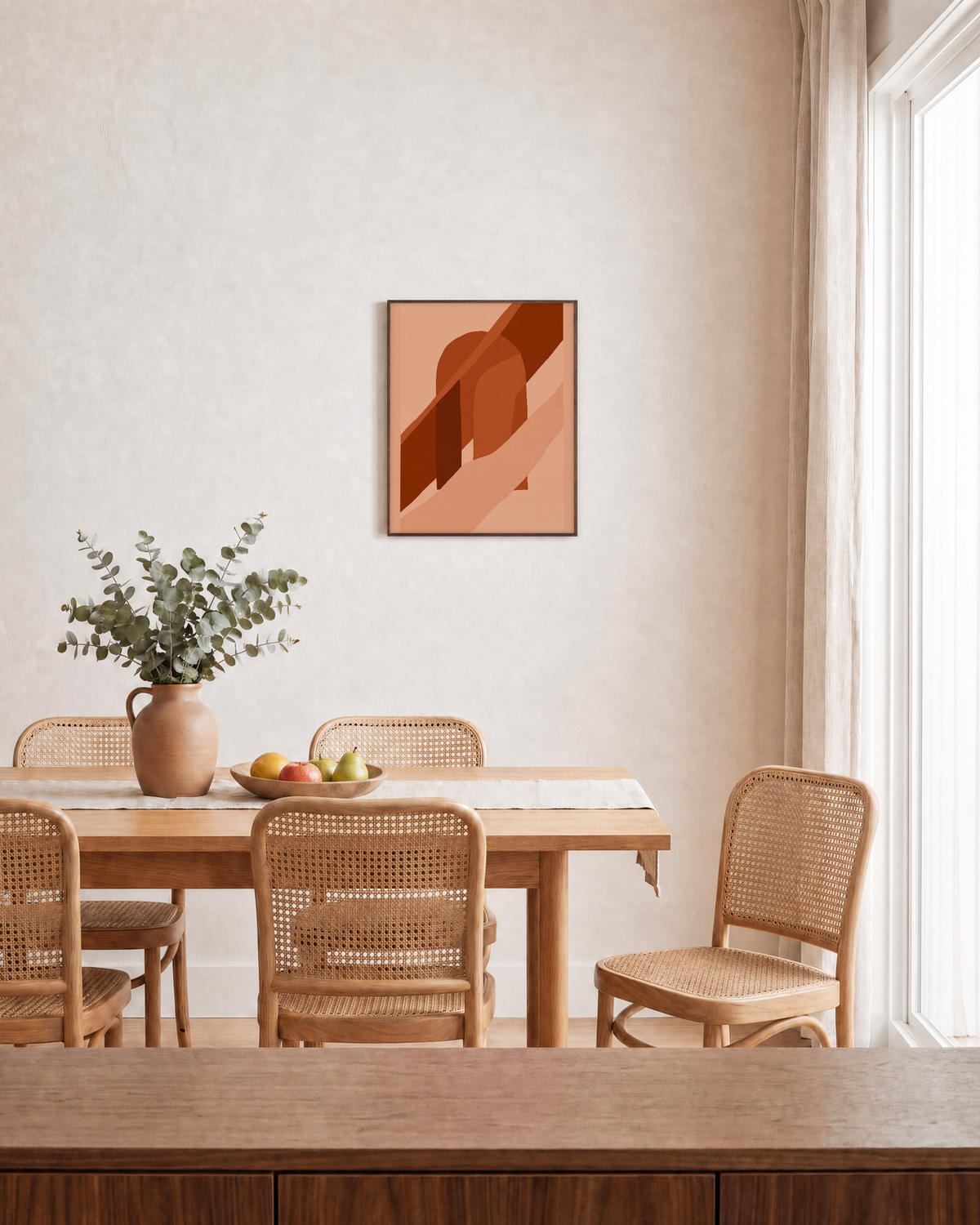 Brown Bands Across Orange Arch burnt orange geometric wall art: unframed print is shown framed for styling in a dining room; frame not included