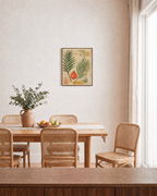 Hot Fruit palm pomegranate wall art: unframed print is shown framed for styling in a dining room; frame not included