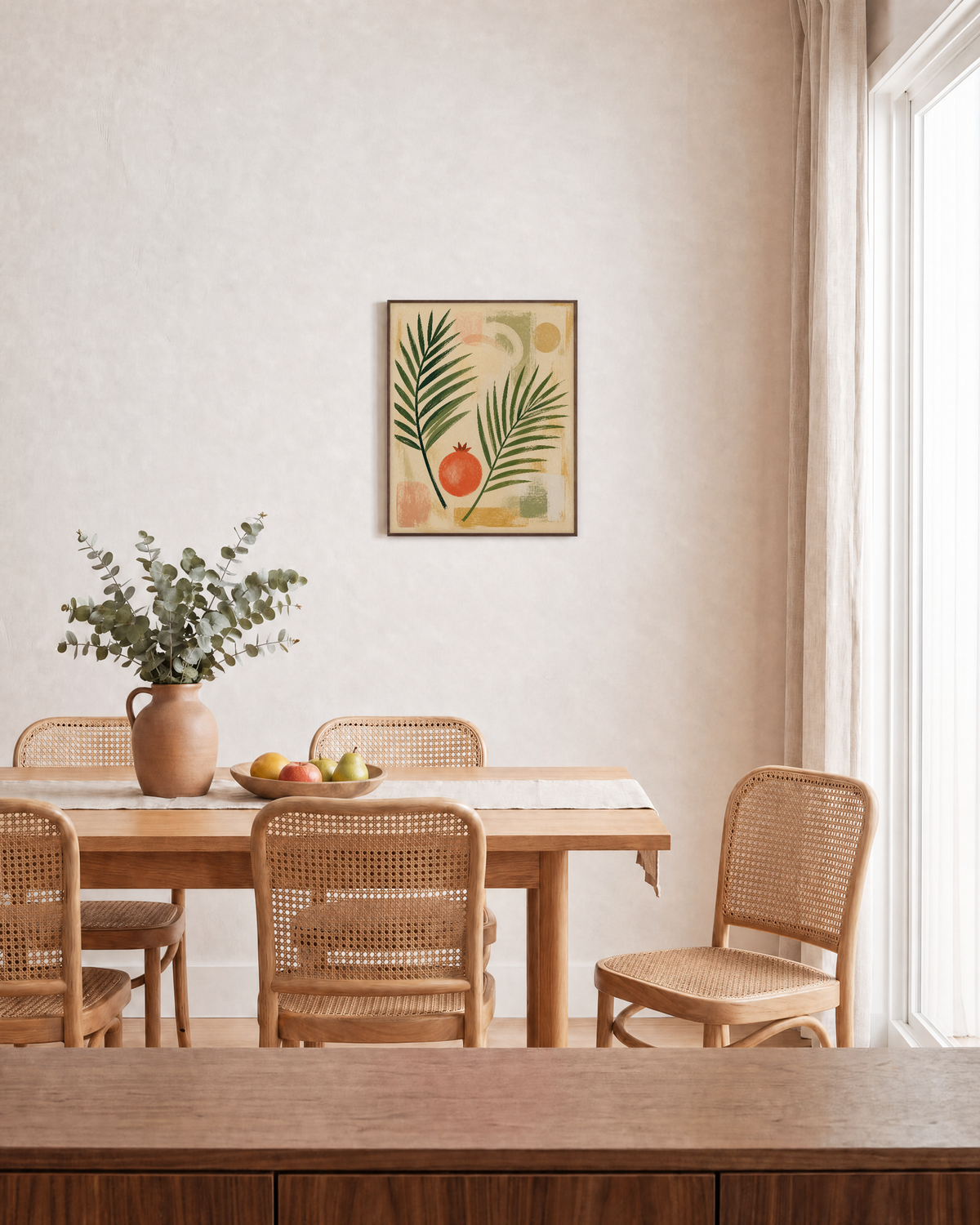 Hot Fruit palm pomegranate wall art: unframed print is shown framed for styling in a dining room; frame not included