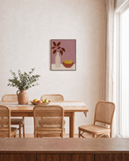 Tall Vase with Lemon Bowl lemon still life wall art print: unframed print is shown framed for styling in a dining room; frame not included
