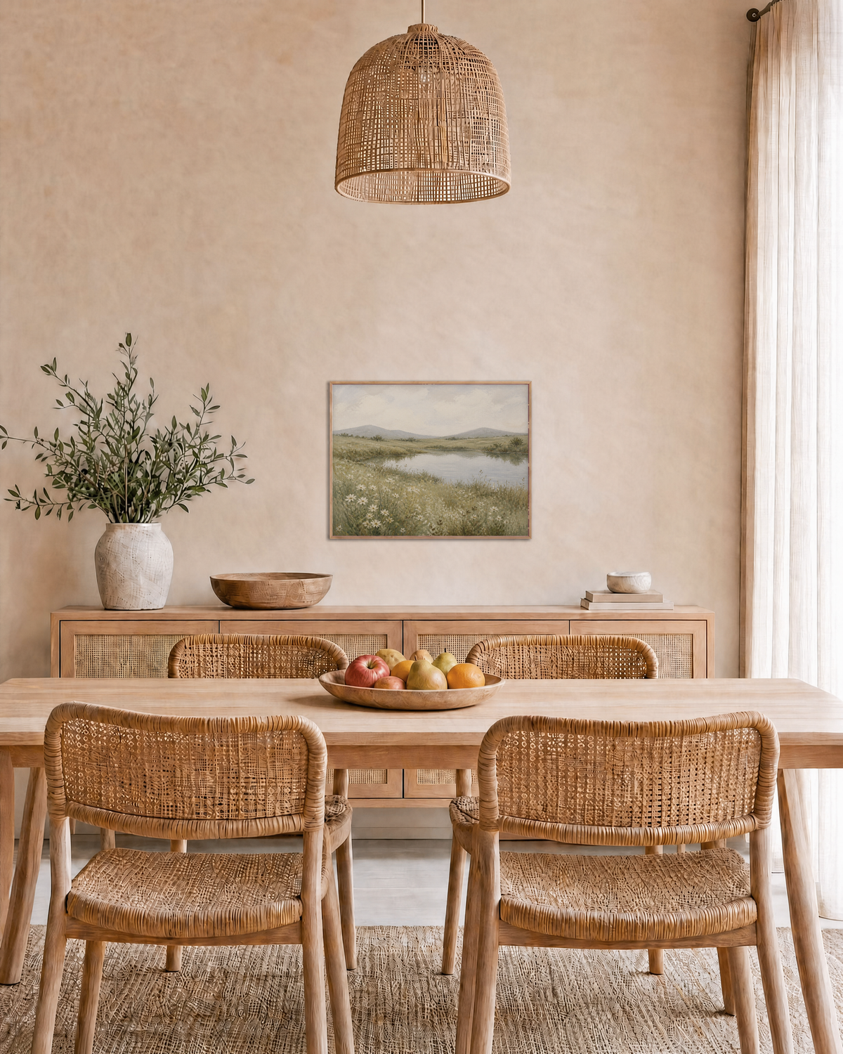 Quiet Pond wildflower pond print: unframed print is shown framed for styling in a dining room; frame not included