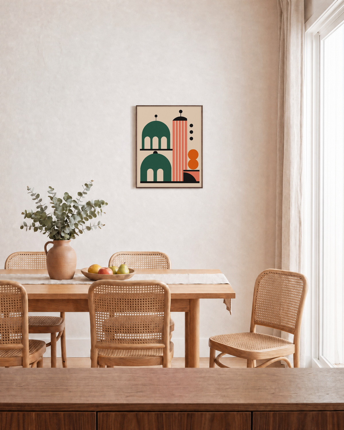 Arcade Hour arcade dome coral tower wall art: unframed print is shown framed for styling in a dining room; frame not included