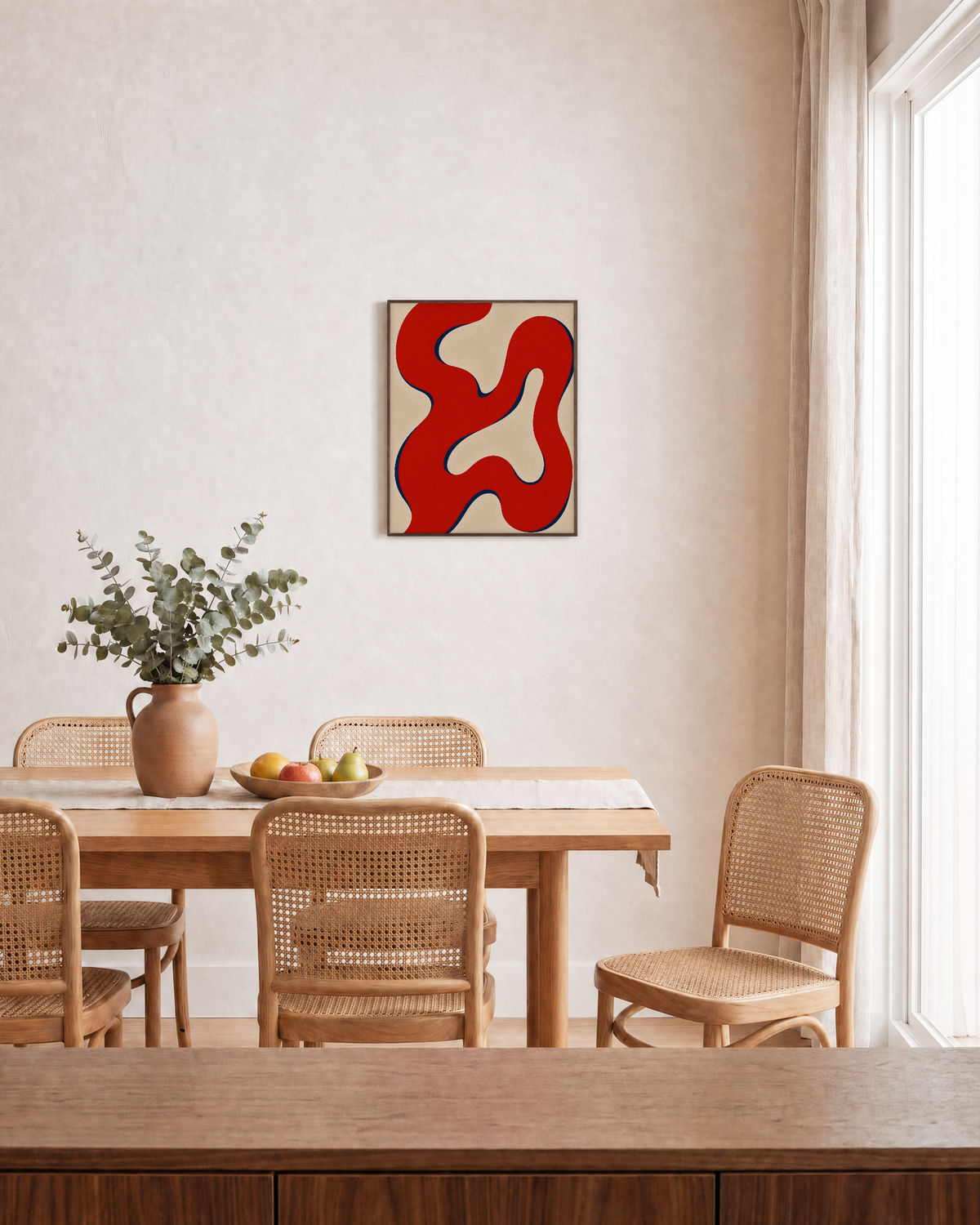 Ribbon Detour red ribbon path wall art: unframed print is shown framed for styling in a dining room; frame not included