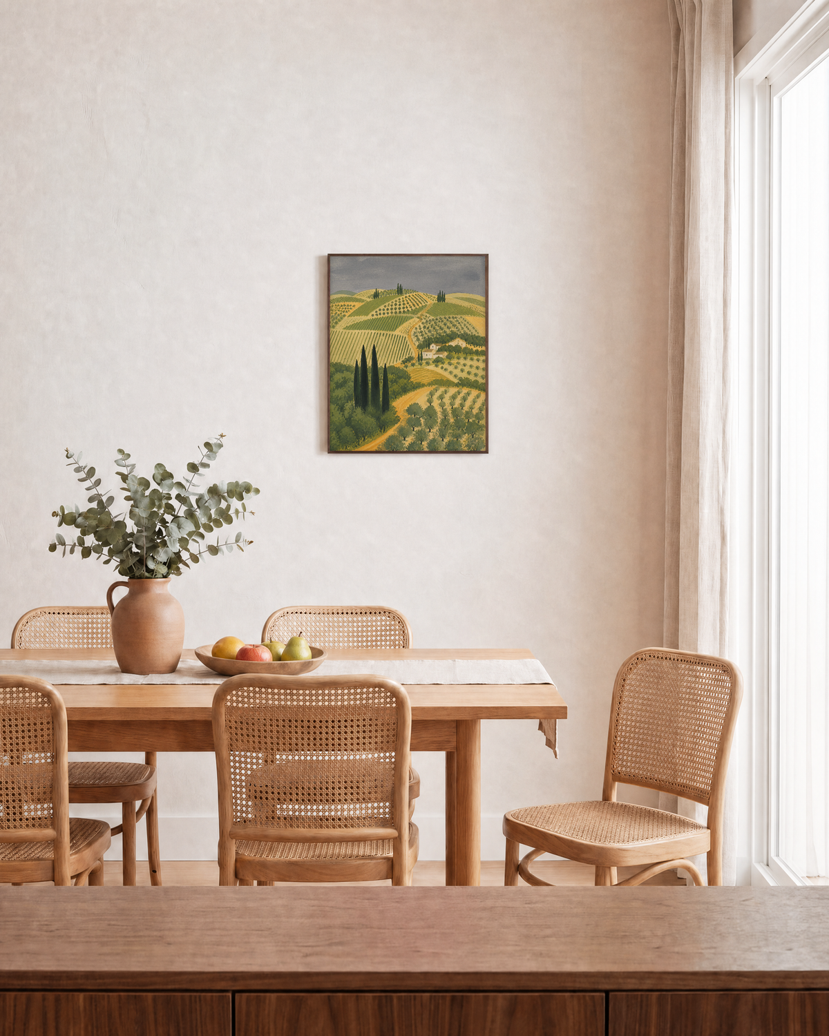 Farmhouse Walk cypress vineyard path wall art: unframed print is shown framed for styling in a dining room; frame not included