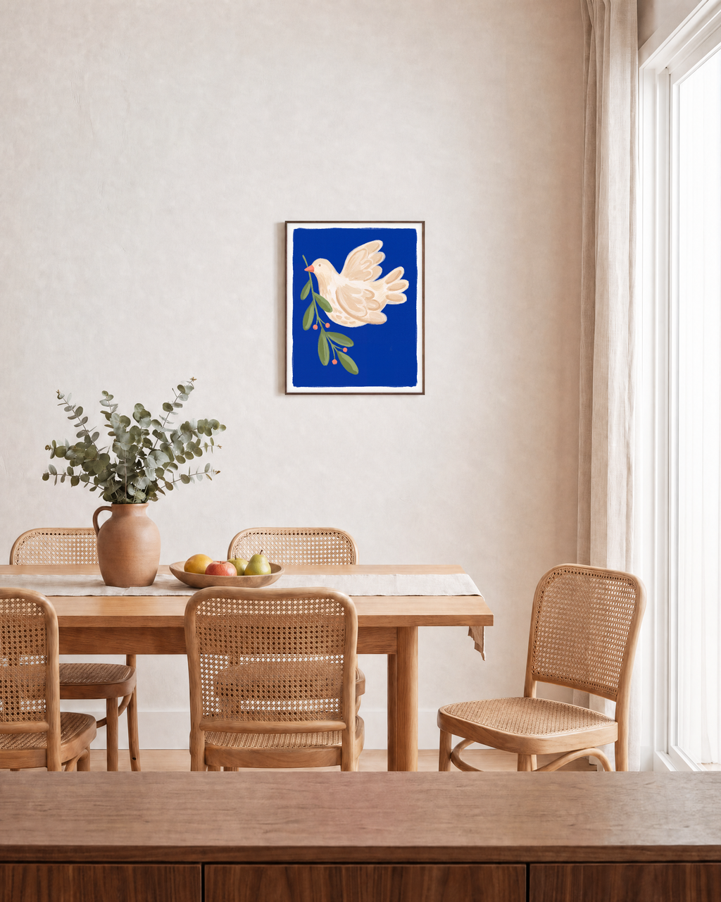 Dove Branch Blue unframed print is shown framed for styling in a dining room; frame not included