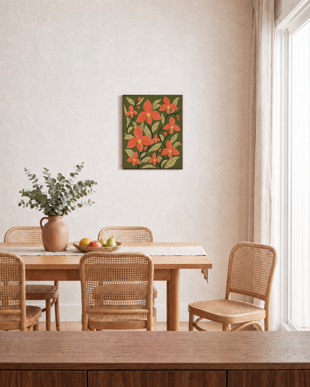 Orchid Fan coral orchid wall art: unframed print is shown framed for styling in a dining room; frame not included