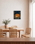 Fox Nap winter fox print: unframed print is shown framed for styling in a dining room; frame not included