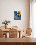 Gold Daisy vintage floral art print: unframed print is shown framed for styling in a dining room; frame not included