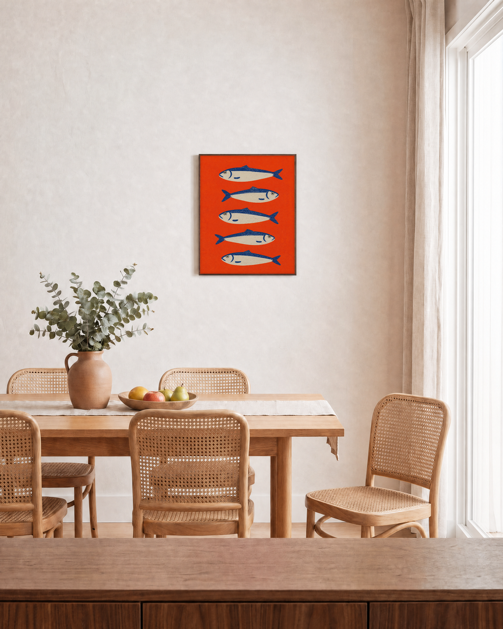 Silver School fish art prints: unframed print is shown framed for styling in a dining room; frame not included