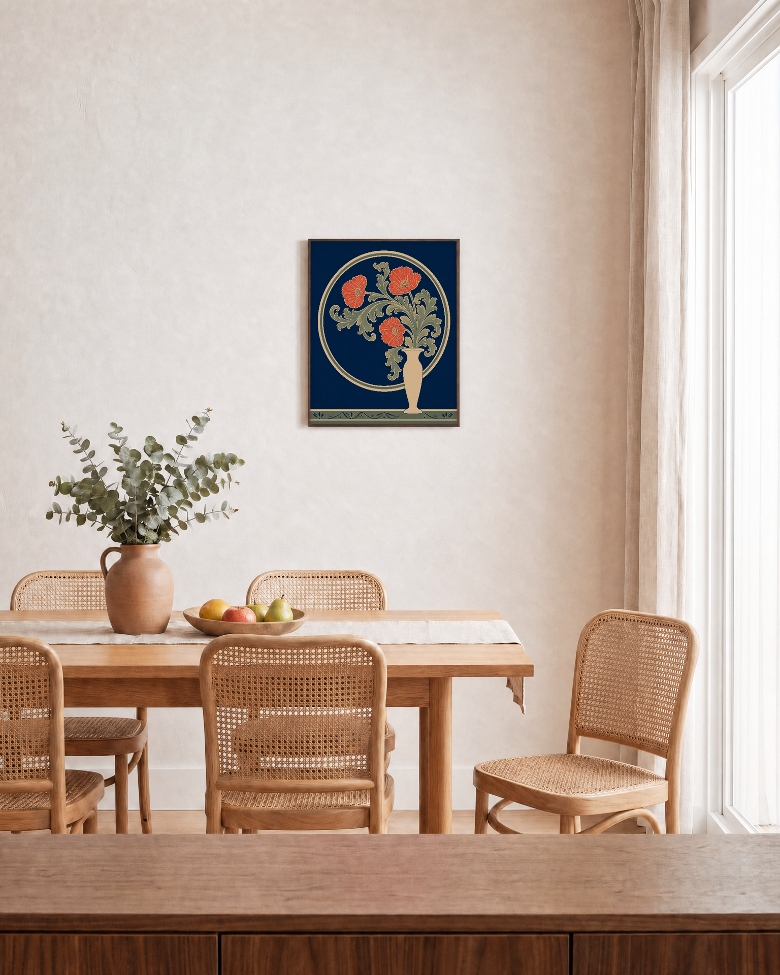 Morris Night Garden Vessel Remap unframed print is shown framed for styling in a dining room; frame not included