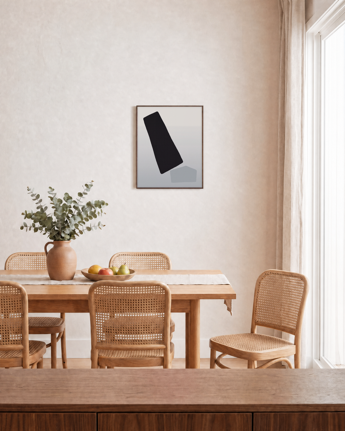 Offset Forms on White white geometric wall art: unframed print is shown framed for styling in a dining room; frame not included