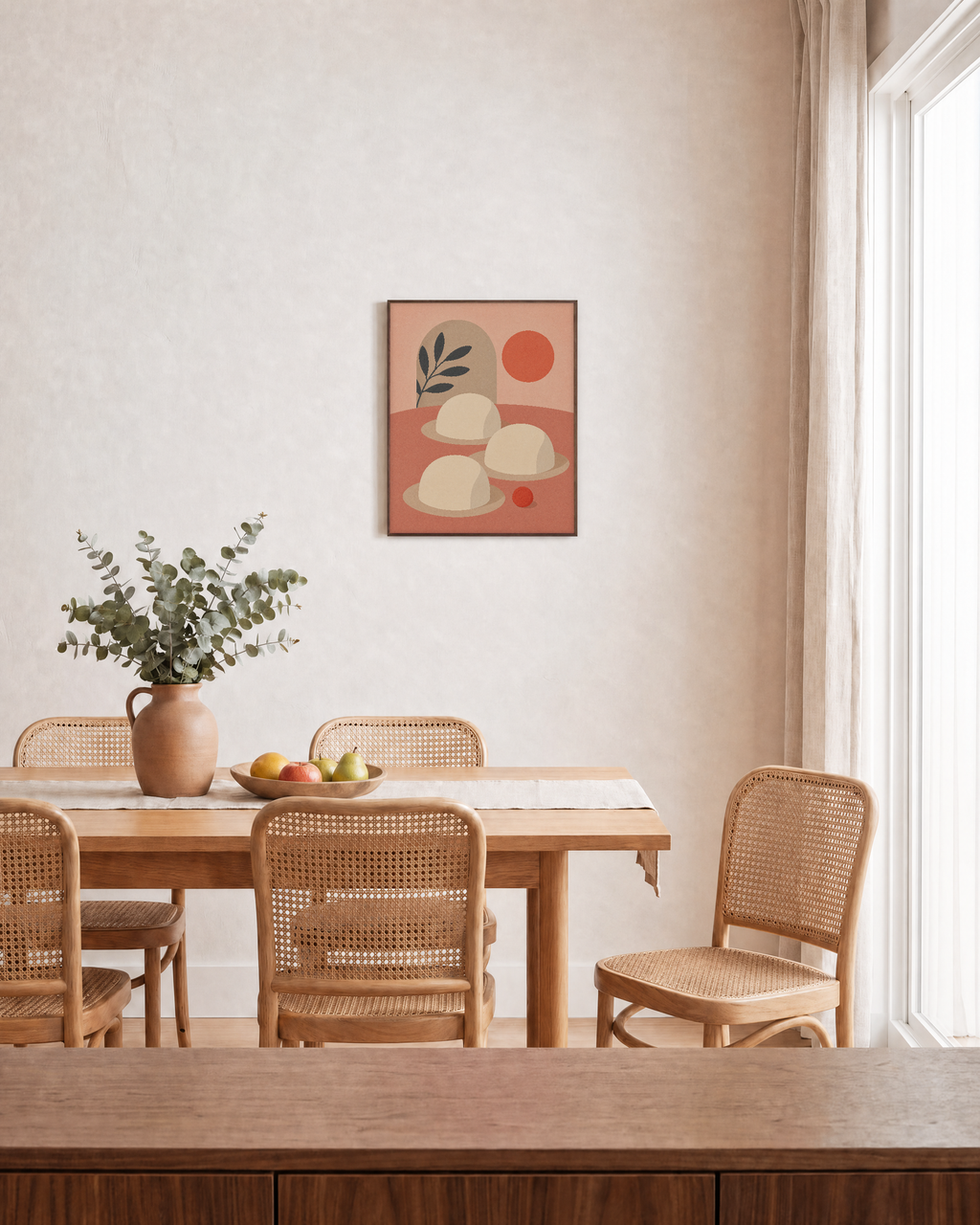 Berry Dot cream dome wall art: unframed print is shown framed for styling in a dining room; frame not included