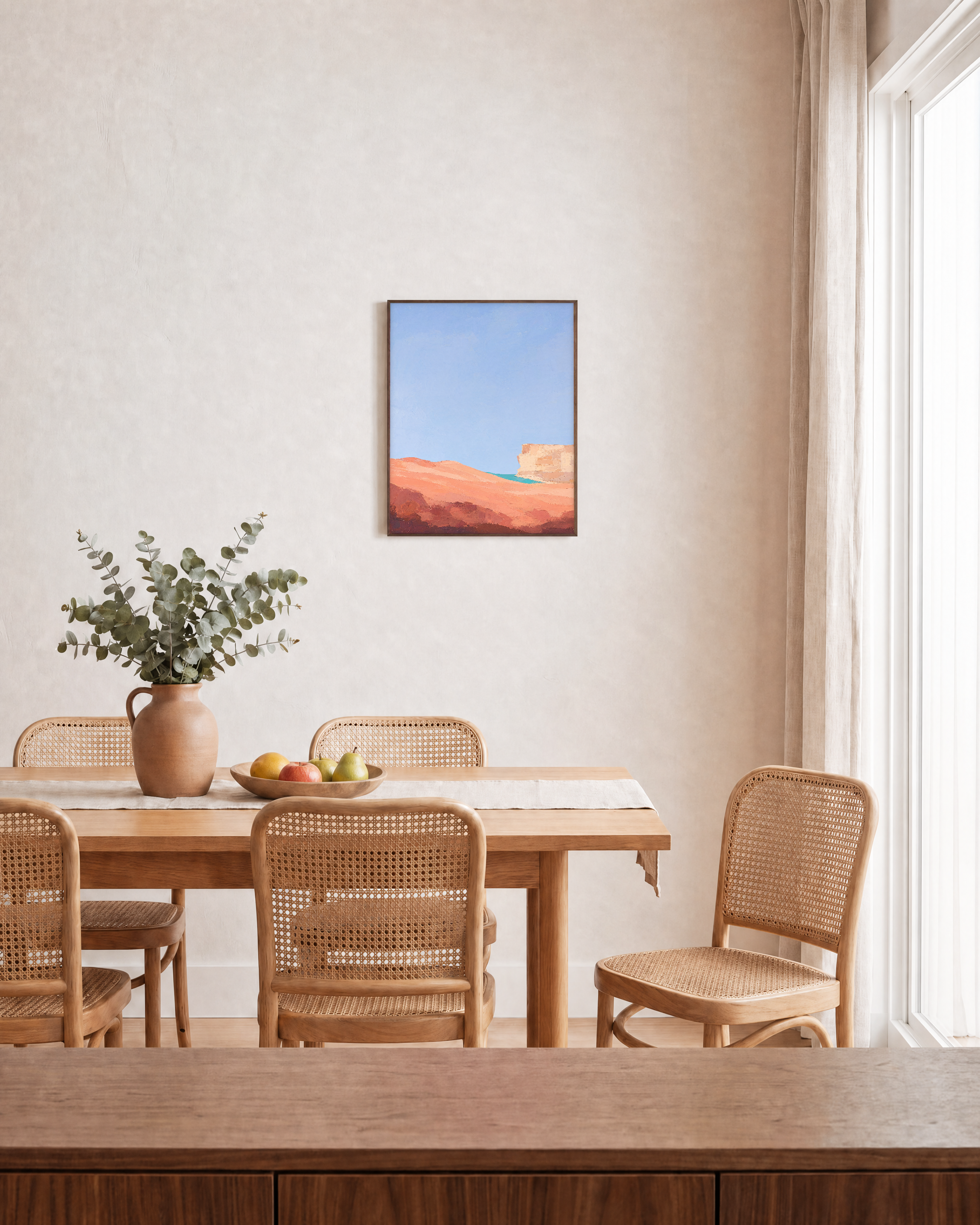 Peach Dune Blue Press edition unframed print is shown framed for styling in a dining room; Frame not included