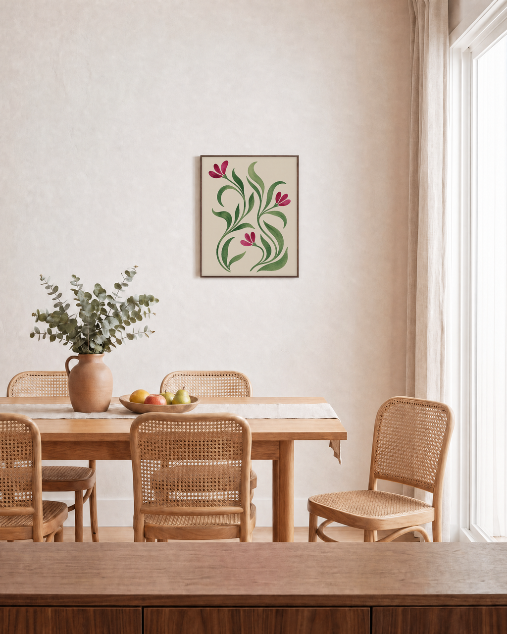 Small Bloom floral art prints: unframed print is shown framed for styling in a dining room; frame not included