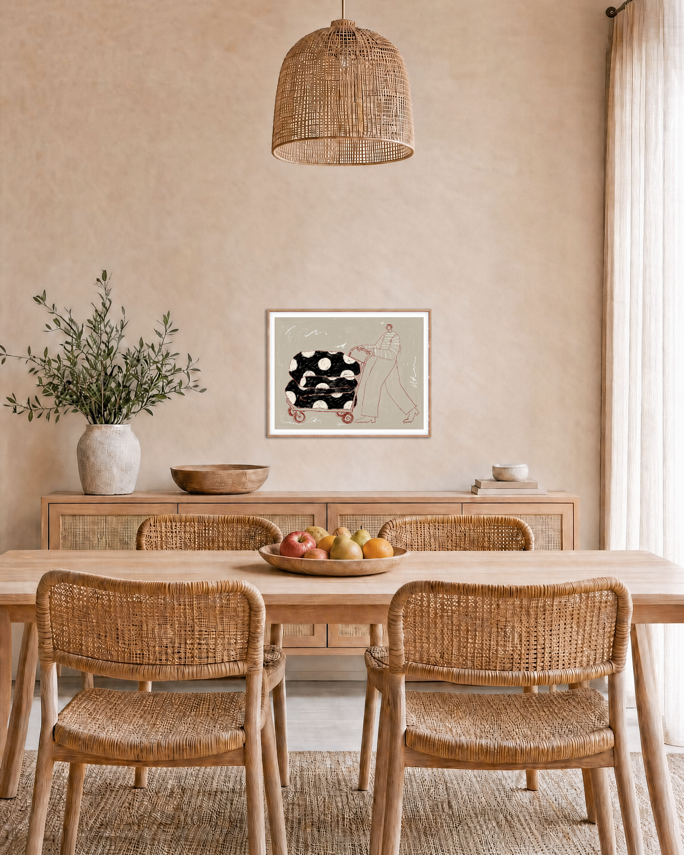 Carry Pattern unframed print is shown framed for styling in a dining room; frame not included