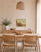 Crane on Terracotta 2CV unframed print is shown framed for styling in a dining room; frame not included