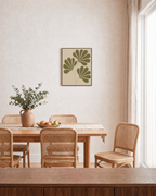 Leaf Crown sage leaf fan wall art: unframed print is shown framed for styling in a dining room; frame not included