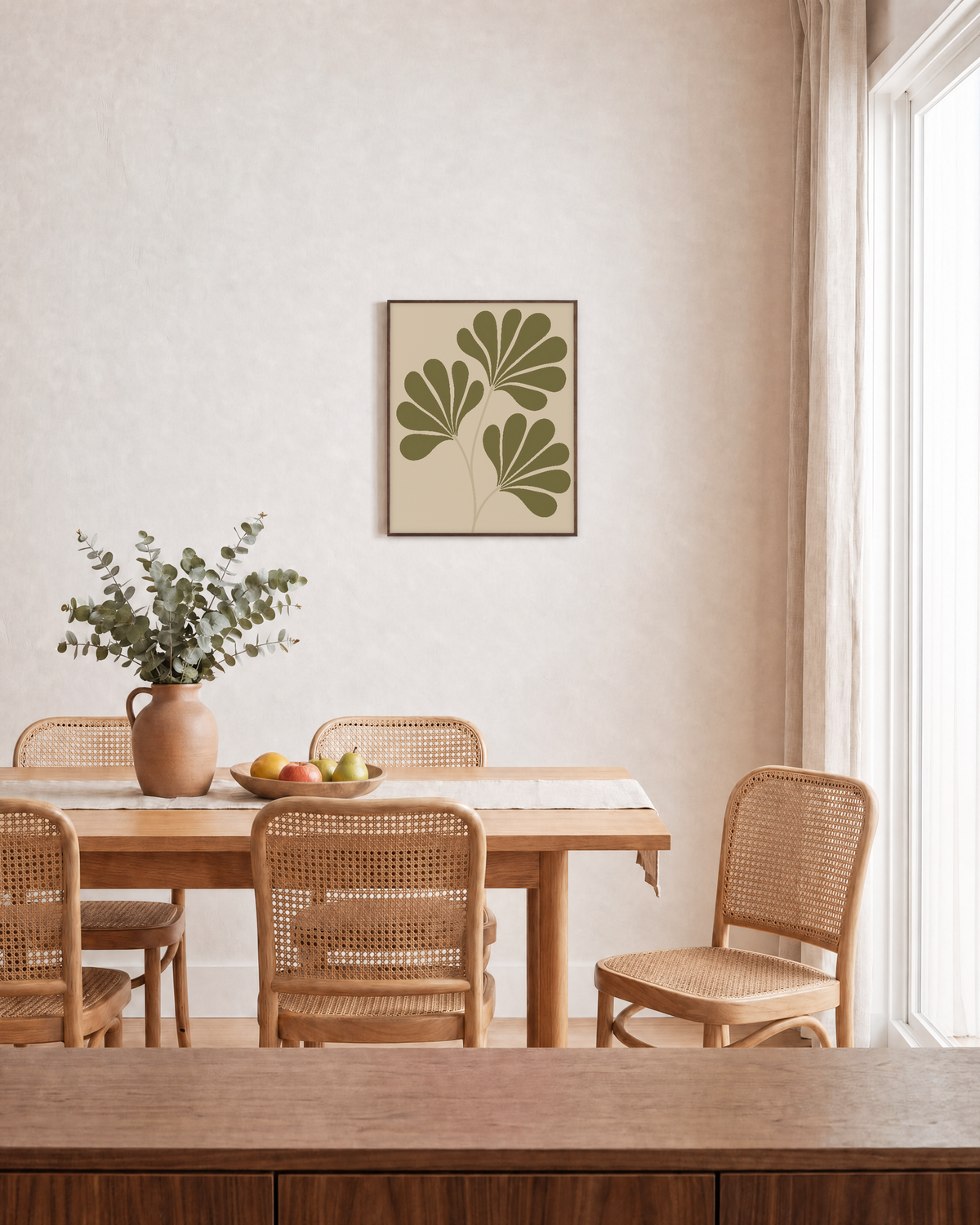 Leaf Crown sage leaf fan wall art: unframed print is shown framed for styling in a dining room; frame not included
