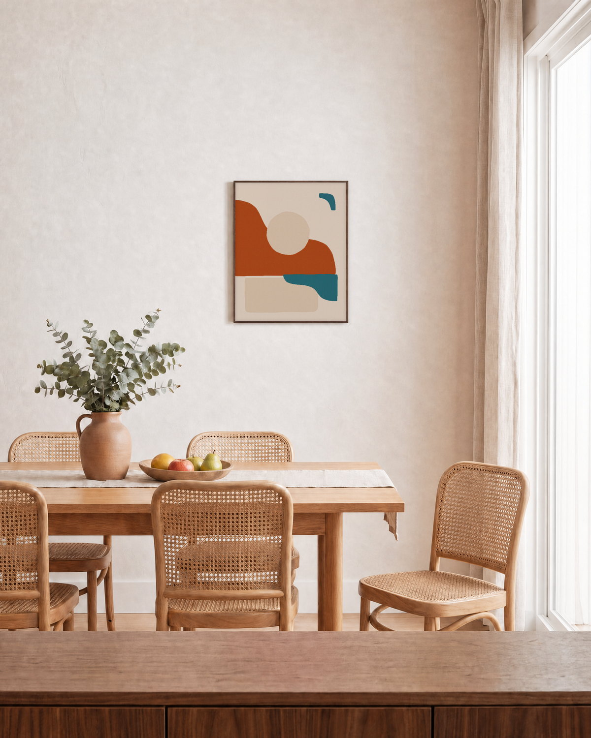 Terracotta Horizon with Teal Marks burnt orange mid century wall art: unframed print is shown framed for styling in a dining room; frame not included