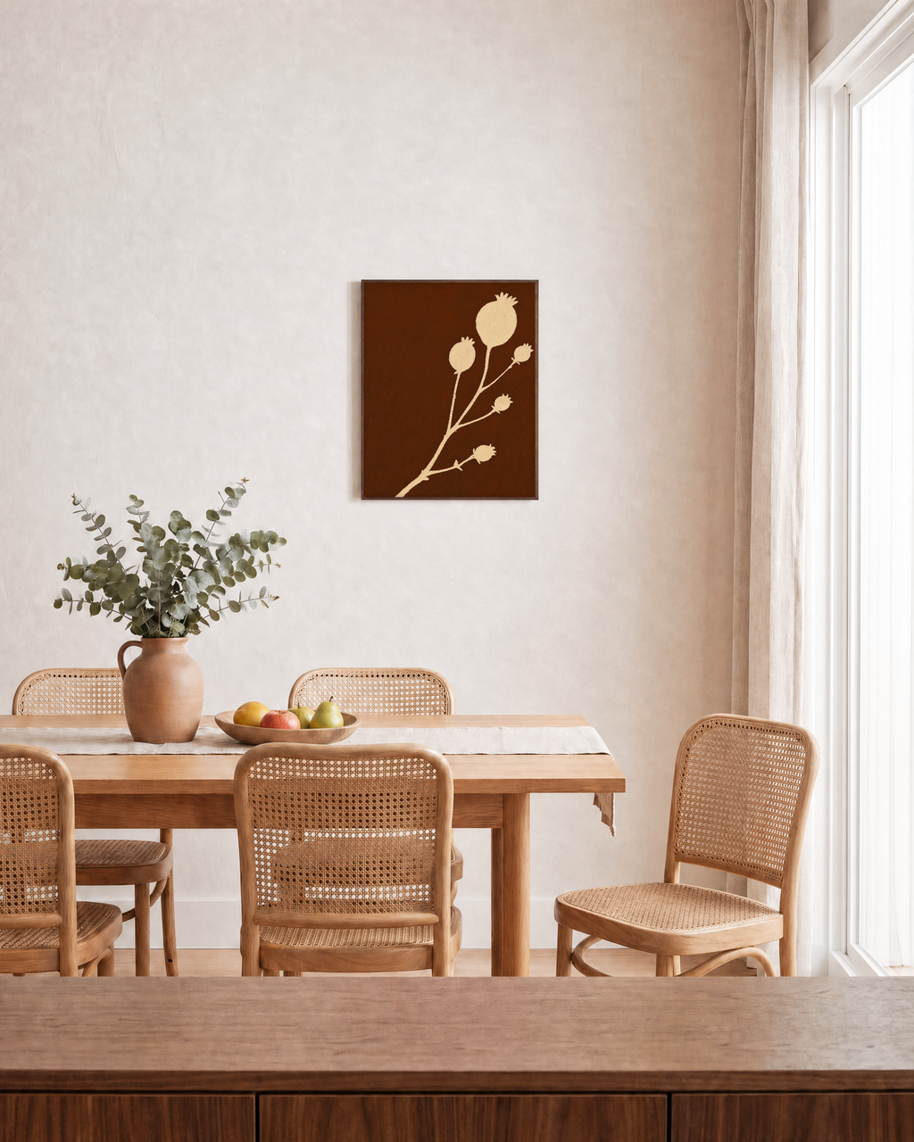 Cream Bloom Brown unframed print is shown framed for styling in a dining room; frame not included