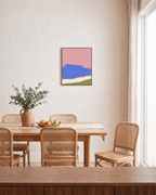 Blue Cliff Pink unframed print is shown framed for styling in a dining room; frame not included