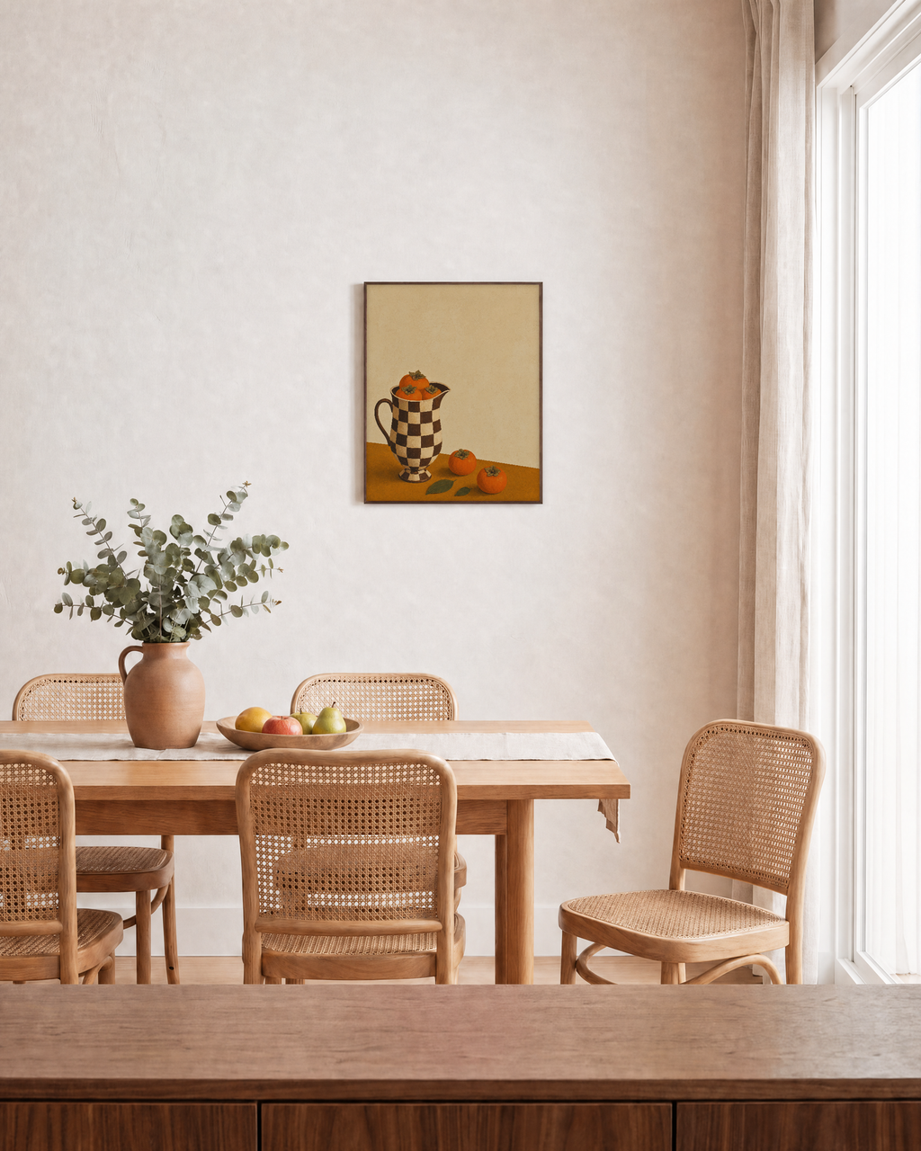 Checkered Persimmon Pitcher unframed print is shown framed for styling in a dining room; frame not included