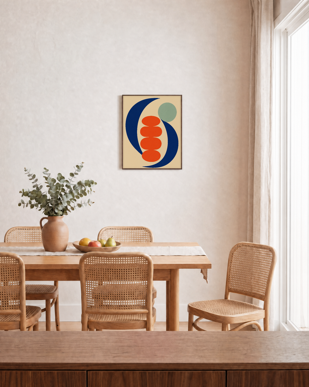 Afternoon Stack navy curve coral stack wall art: unframed print is shown framed for styling in a dining room; frame not included