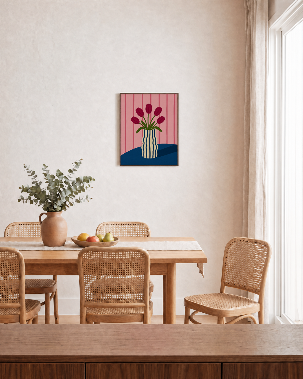 Morning Tulips five tulip wall art: unframed print is shown framed for styling in a dining room; frame not included