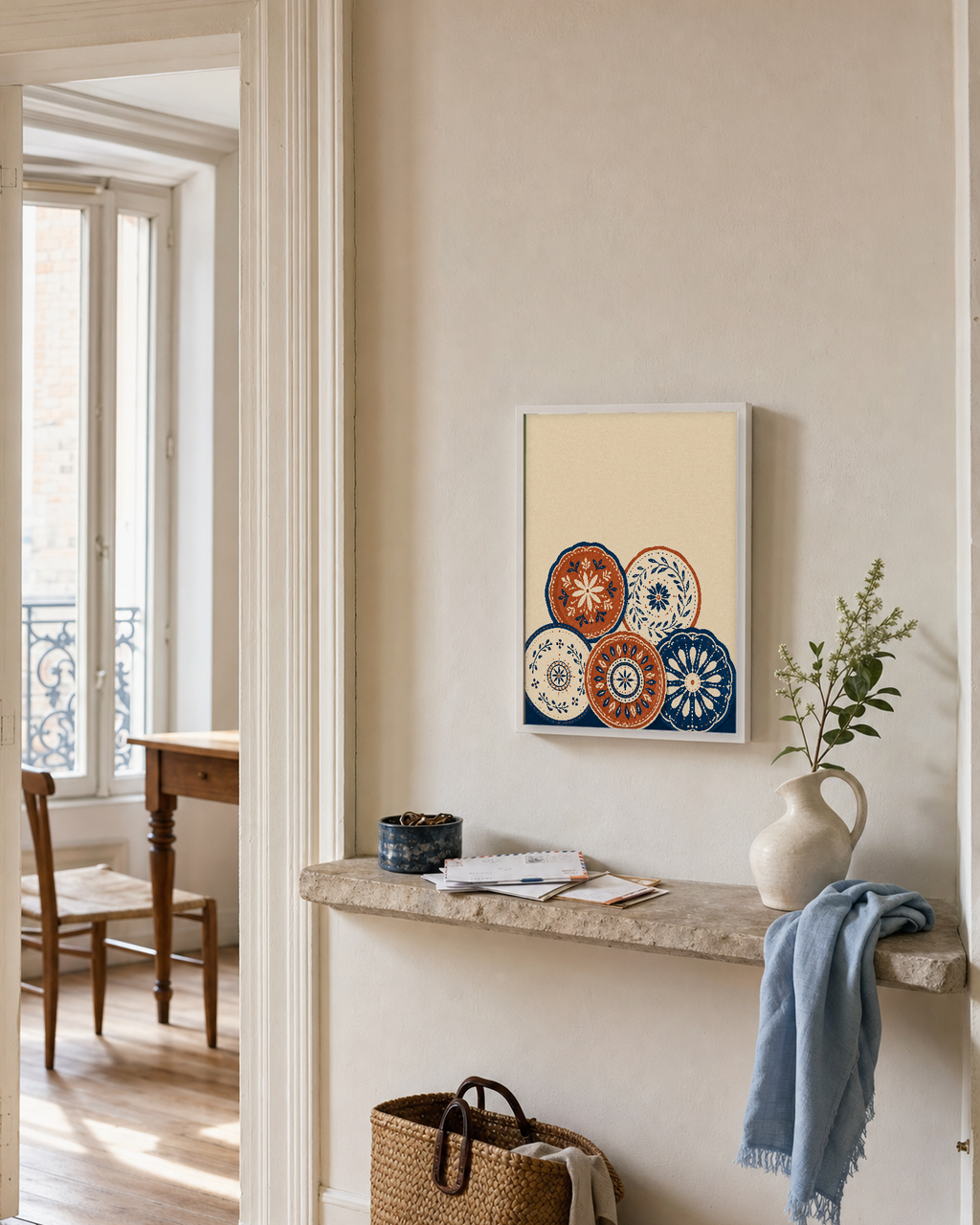 Five Beach Discs unframed print is shown framed for styling in a apartment hallway; frame not included