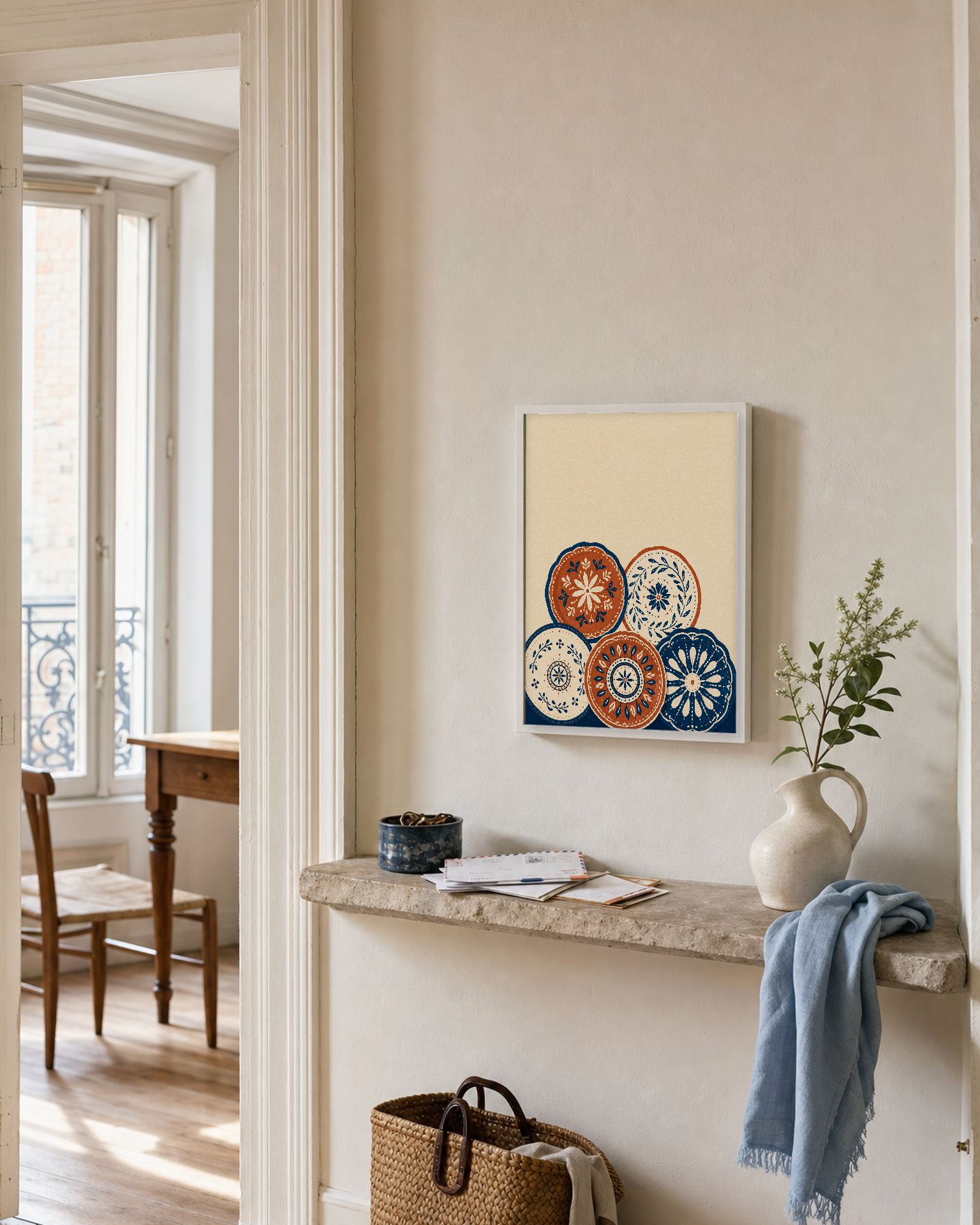Five Beach Discs unframed print is shown framed for styling in a apartment hallway; frame not included