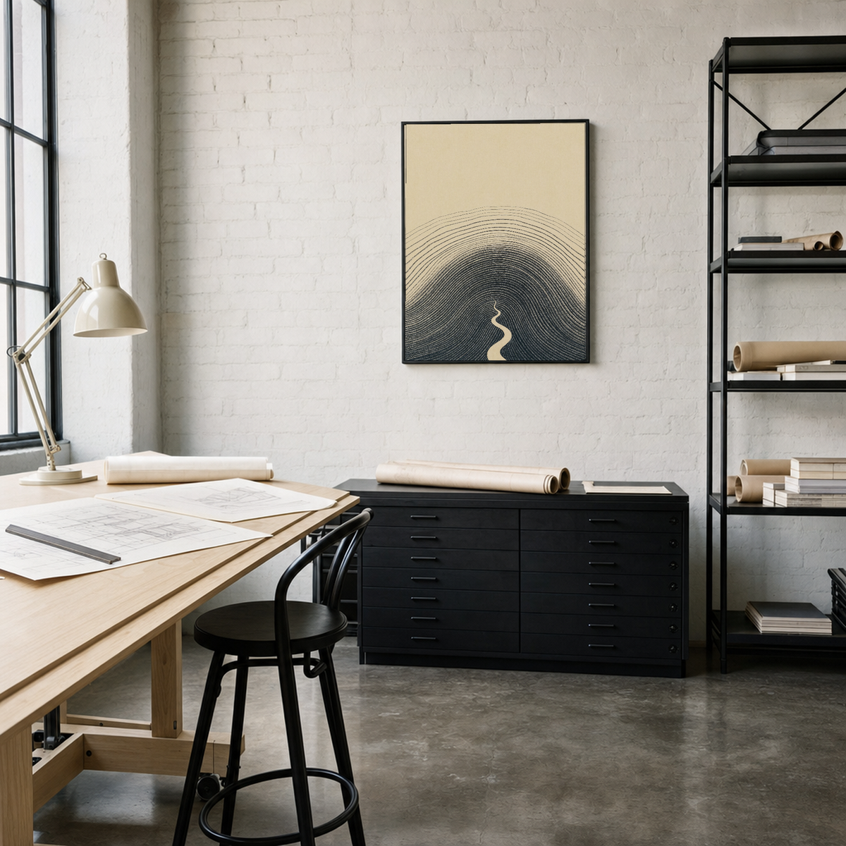 Charcoal Hill Rings from Path topographic line print: unframed print is shown framed for styling in an architect drafting studio; frame not included