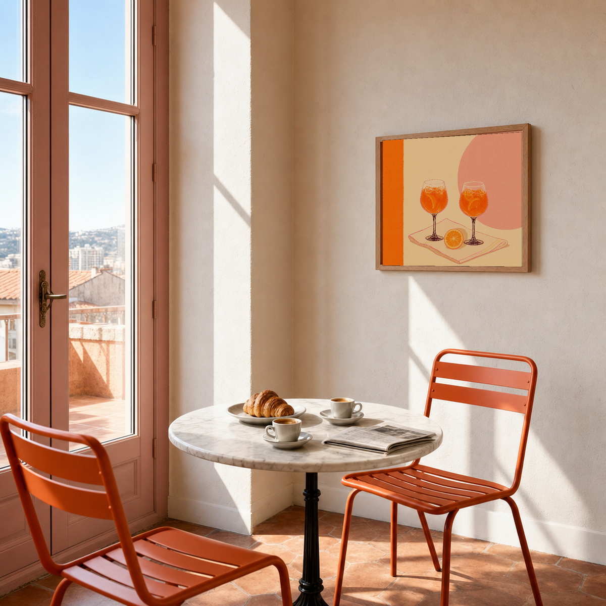 Spritz Pair spritz glass wall art: unframed print is shown framed for styling in a balcony door breakfast nook; frame not included