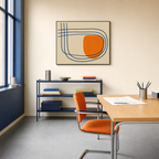 Orange Break navy line orange wall art: unframed print is shown framed for styling in a bauhaus home office; frame not included