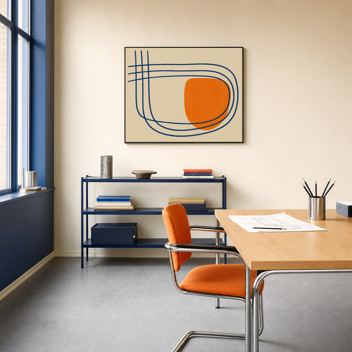 Orange Break navy line orange wall art: unframed print is shown framed for styling in a bauhaus home office; frame not included