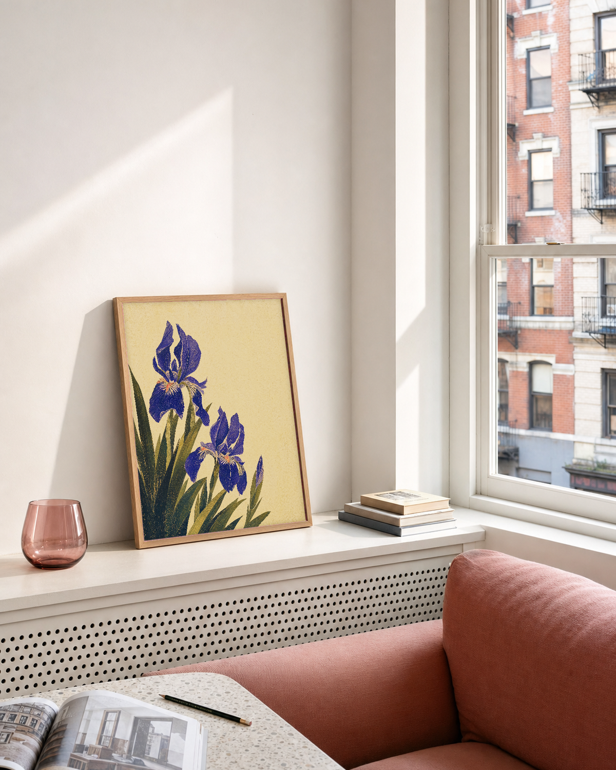 Iris Cluster at Lower Left purple iris flower study wall art print: unframed print is shown framed for styling in a big window city living room; frame not included