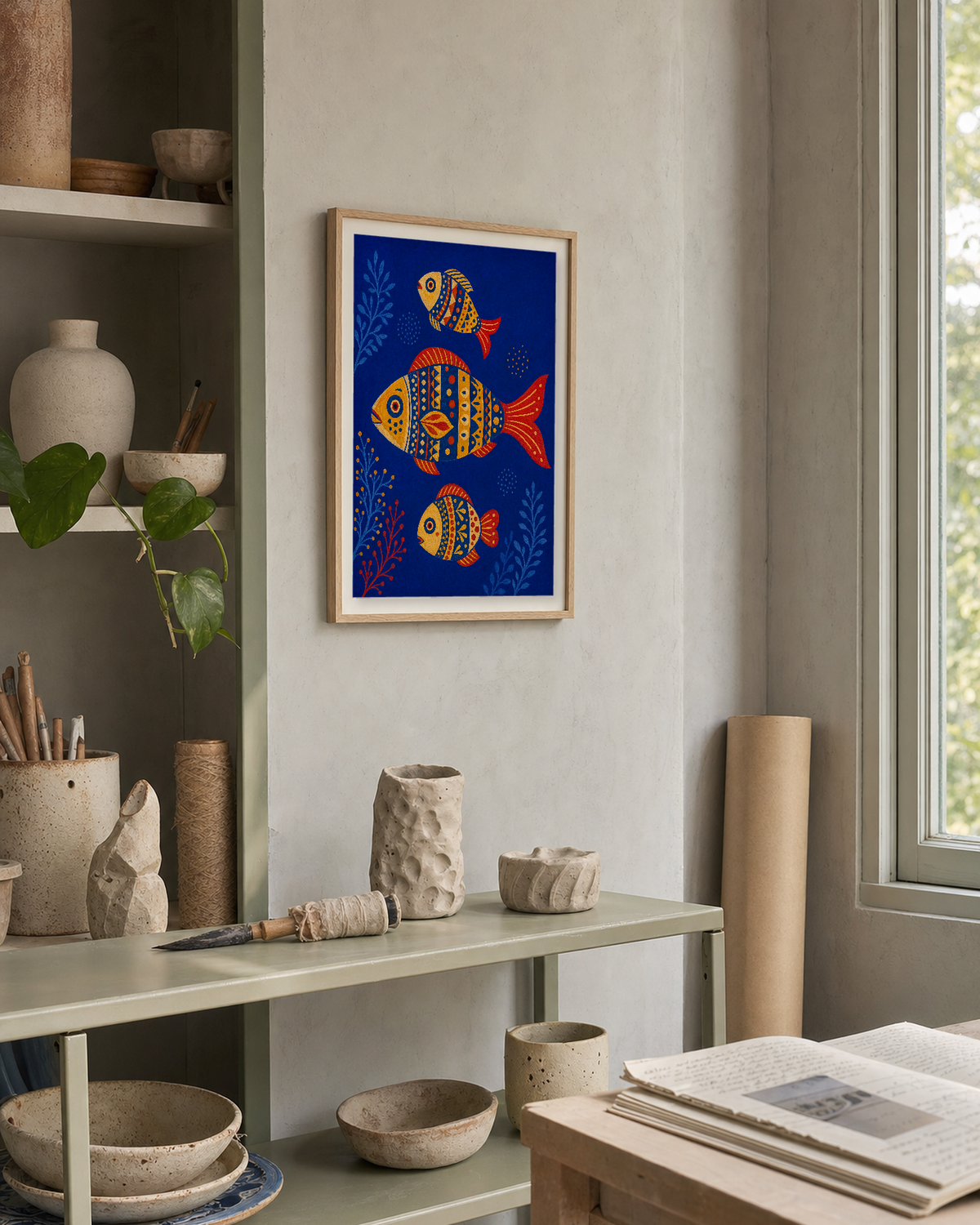 Three Folk Fish unframed print is shown framed for styling in a ceramics studio shelf; frame not included