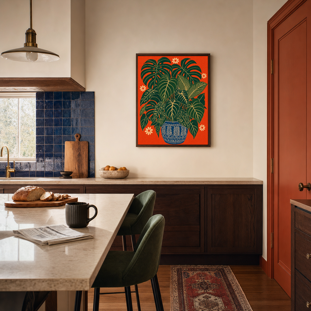 Potted Fans blue pot leaf wall art: unframed print is shown framed for styling in a cobalt tiled kitchen; frame not included
