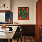 Potted Fans blue pot leaf wall art: unframed print is shown framed for styling in a cobalt tiled kitchen; frame not included