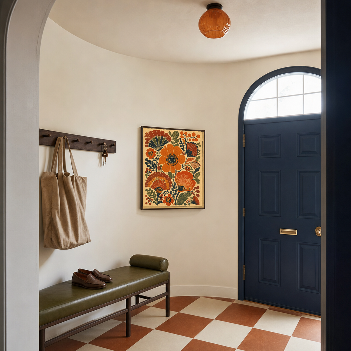 The Garden Fan burnt orange folk flower wall art: unframed print is shown framed for styling in a color blocked entry hall; frame not included