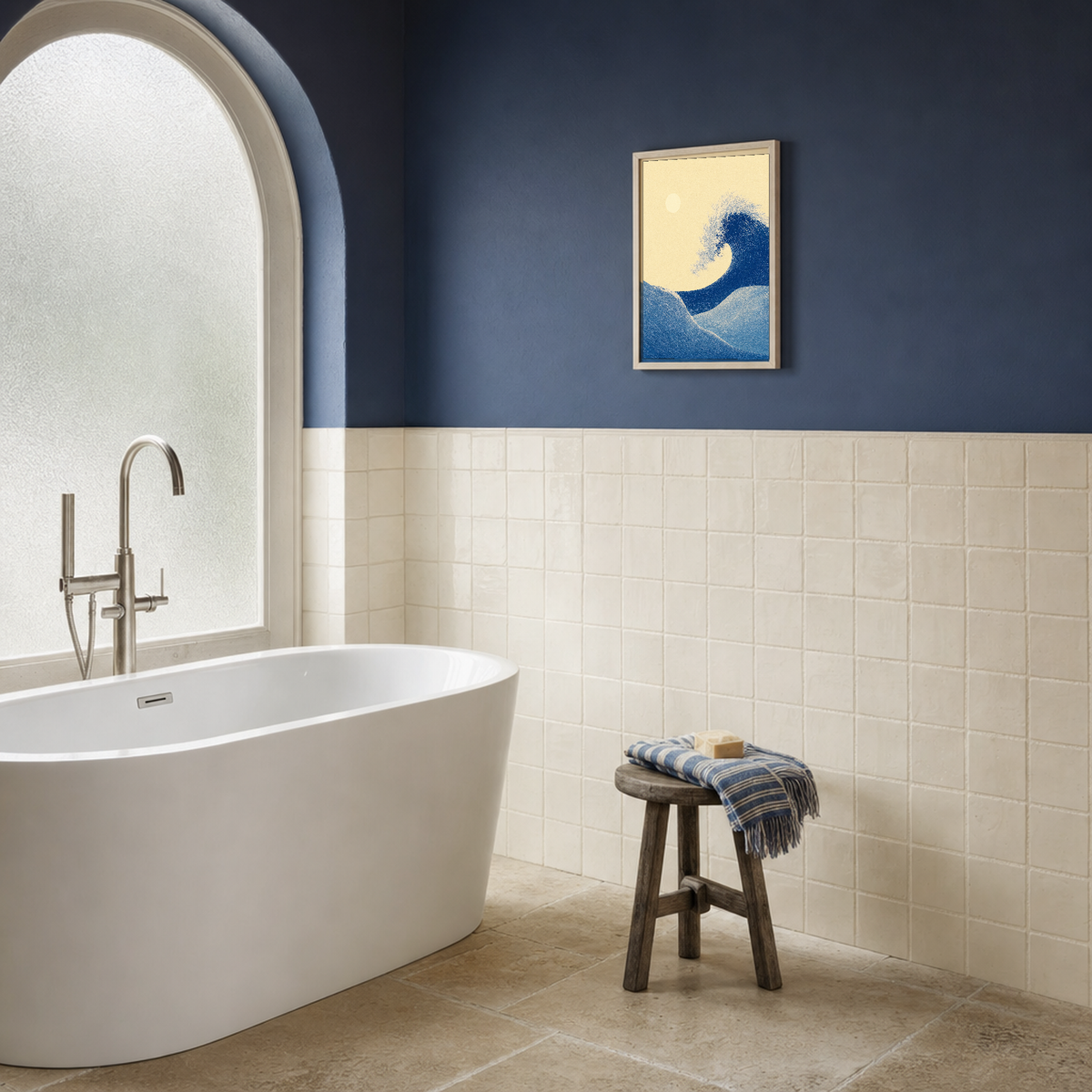 Indigo Wave and Cream Sun abstract wave wall art: unframed print is shown framed for styling in a cream and indigo tiled bathroom; frame not included