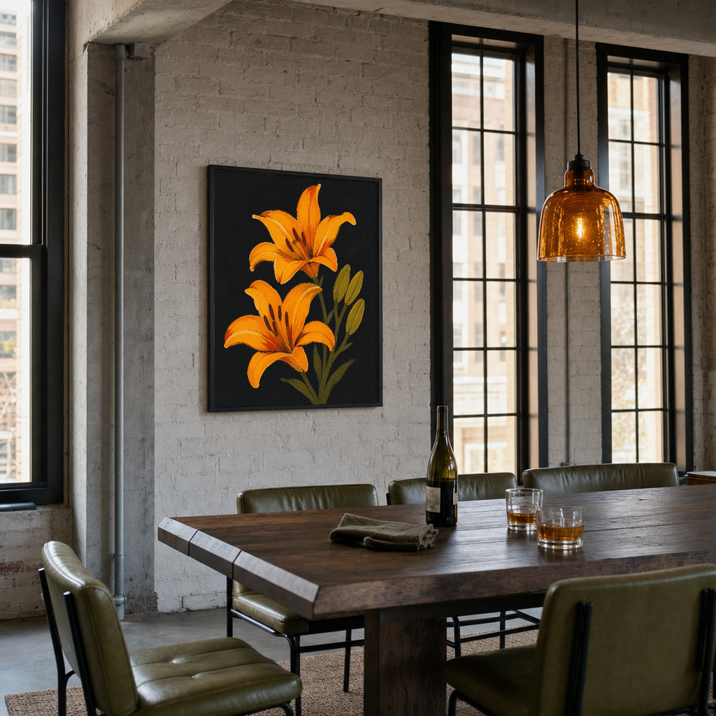 Night Lilies orange lily wall art: unframed print is shown framed for styling in an industrial loft dining room; frame not included