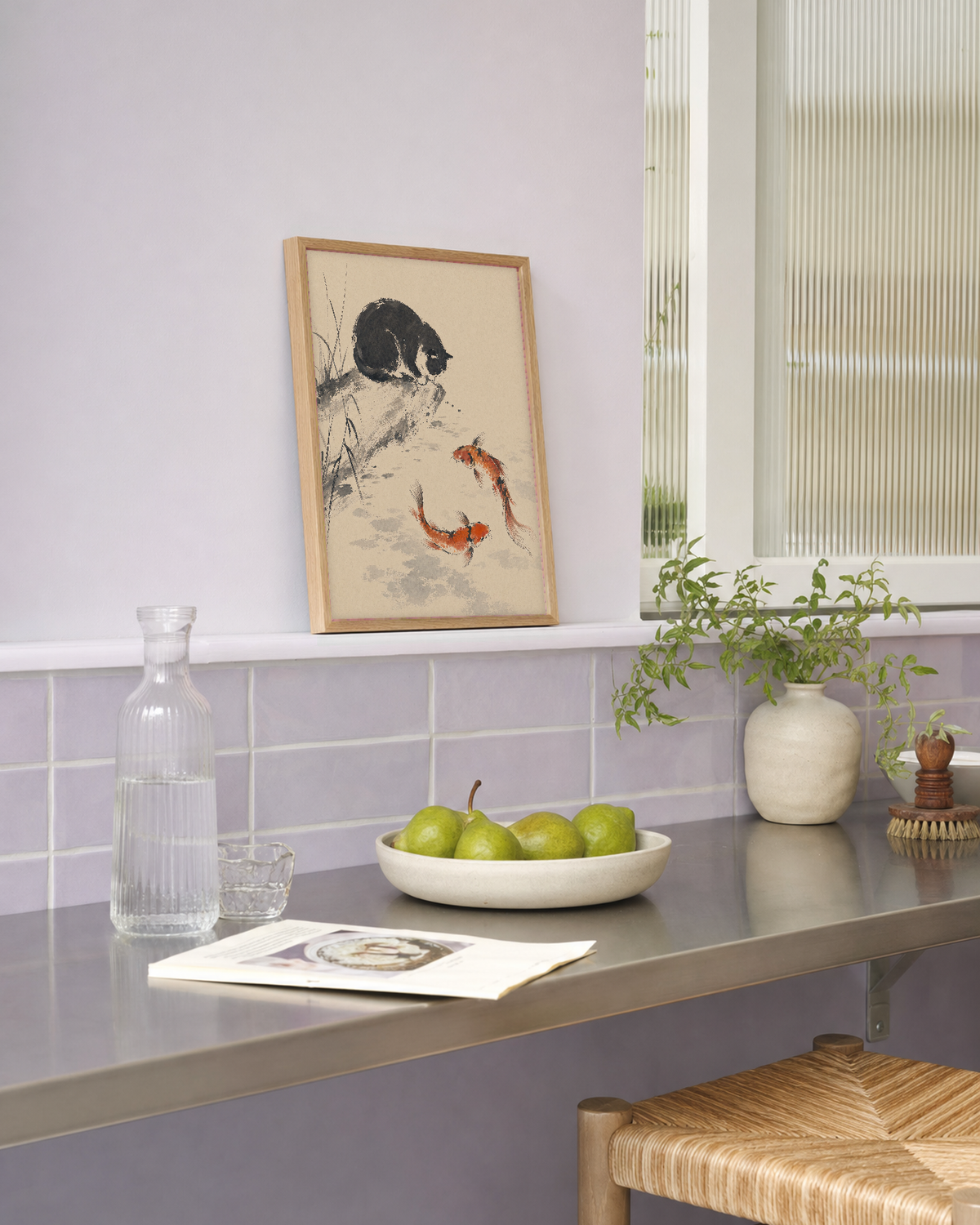 Ink Cat and Koi unframed print is shown framed for styling in a kitchen pass-through; frame not included