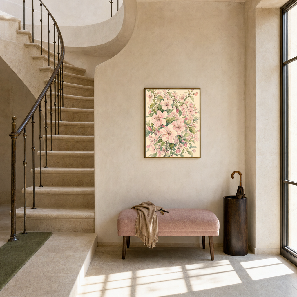 Blossom Spray pale blossom wall art: unframed print is shown framed for styling in a limestone stair landing; frame not included