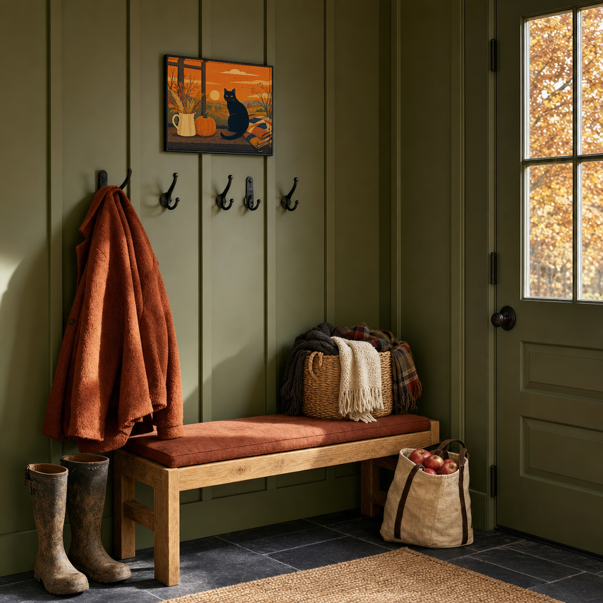 October Cat autumn cat print: unframed print is shown framed for styling in an olive board and batten mudroom; frame not included