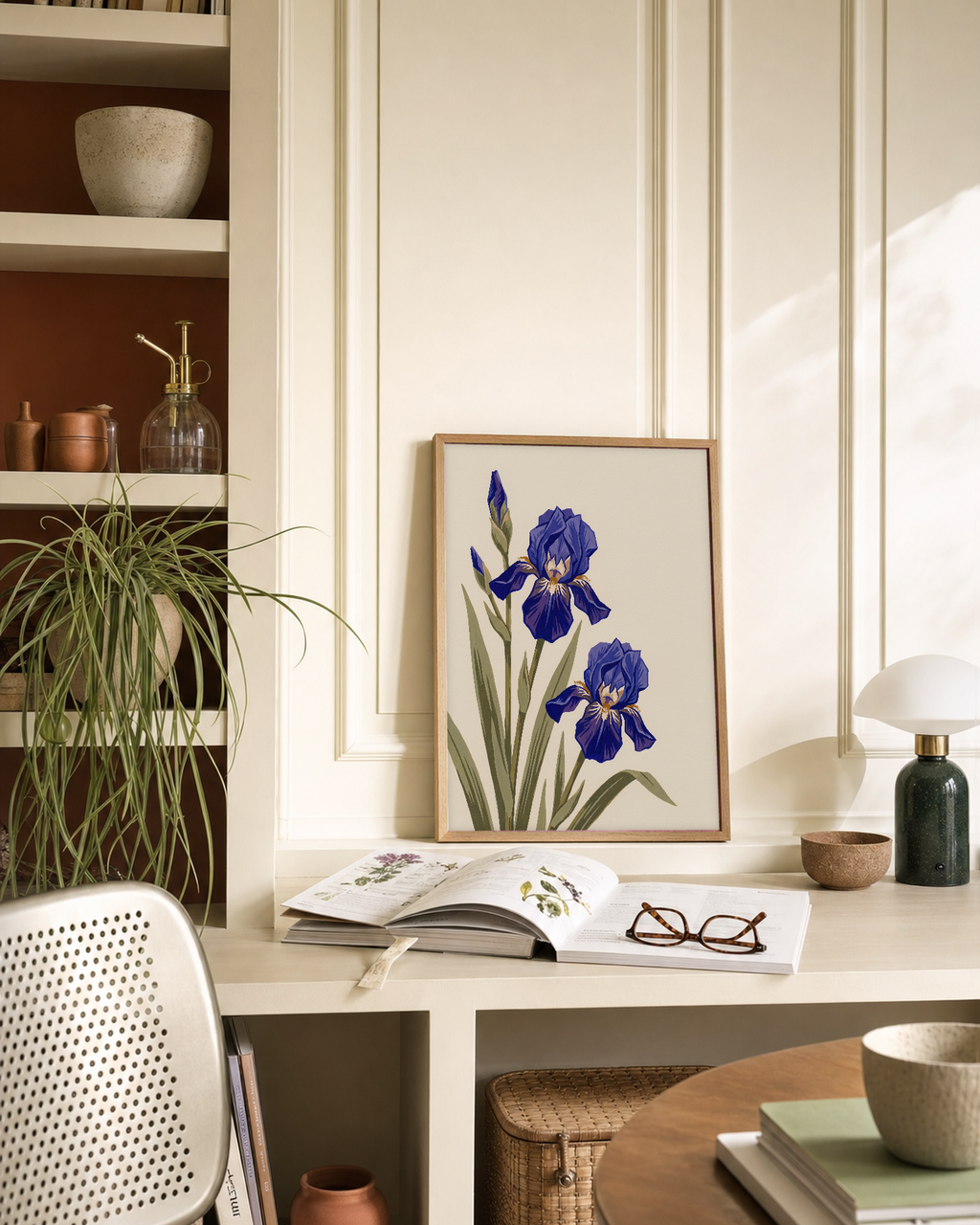 Blue Irises with Sword Leaves blue iris wall art print: unframed print is shown framed for styling in a panelled study; frame not included