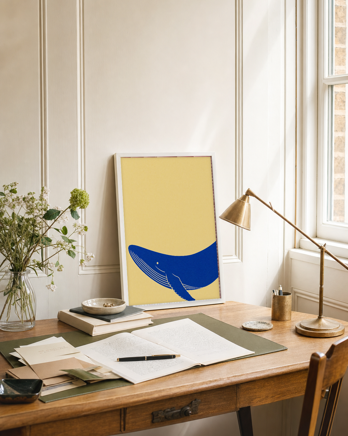 One Blue Whale Arc unframed print is shown framed for styling in a panelled study; frame not included