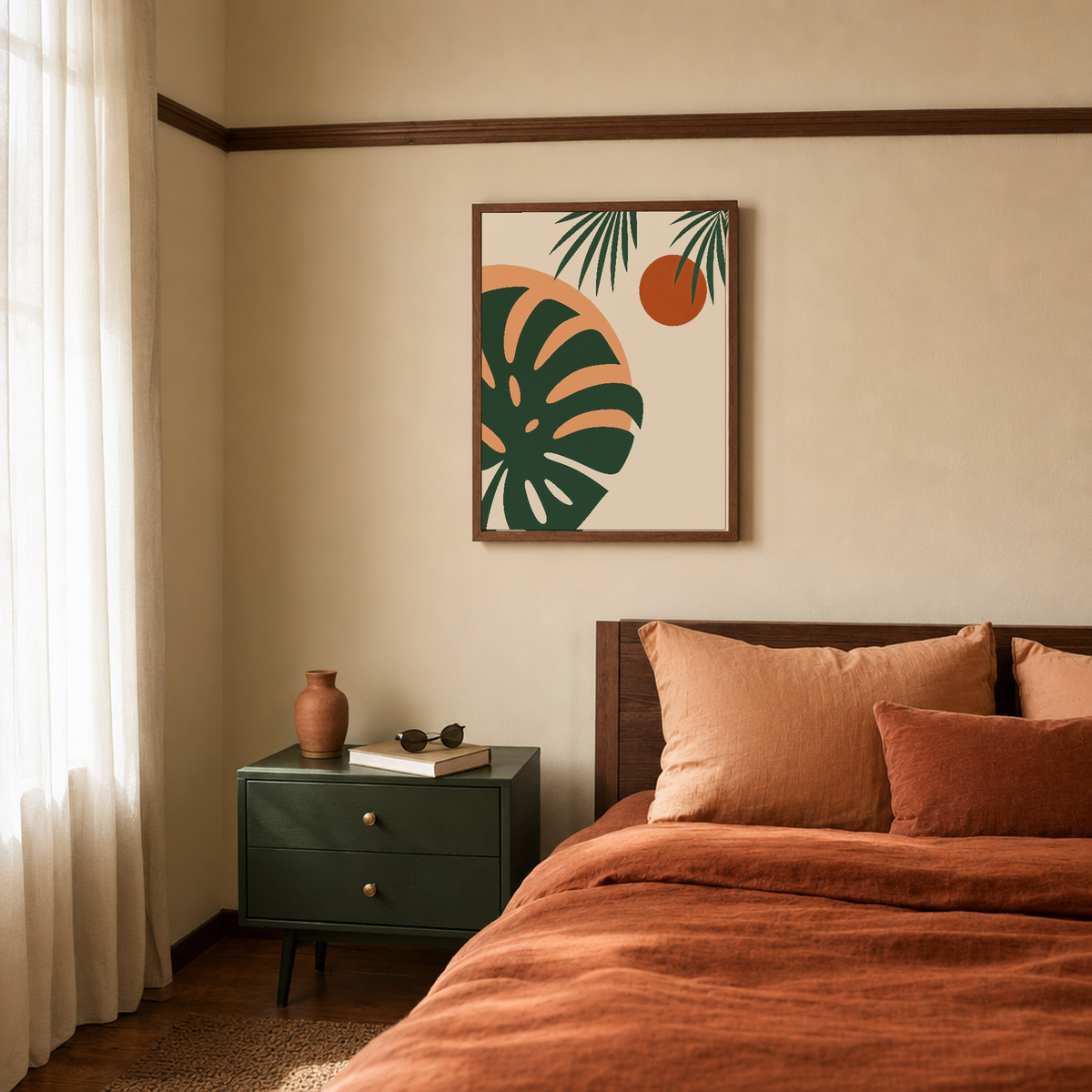 The Second Light monstera print: unframed print is shown framed for styling in a rust linen bedroom; frame not included