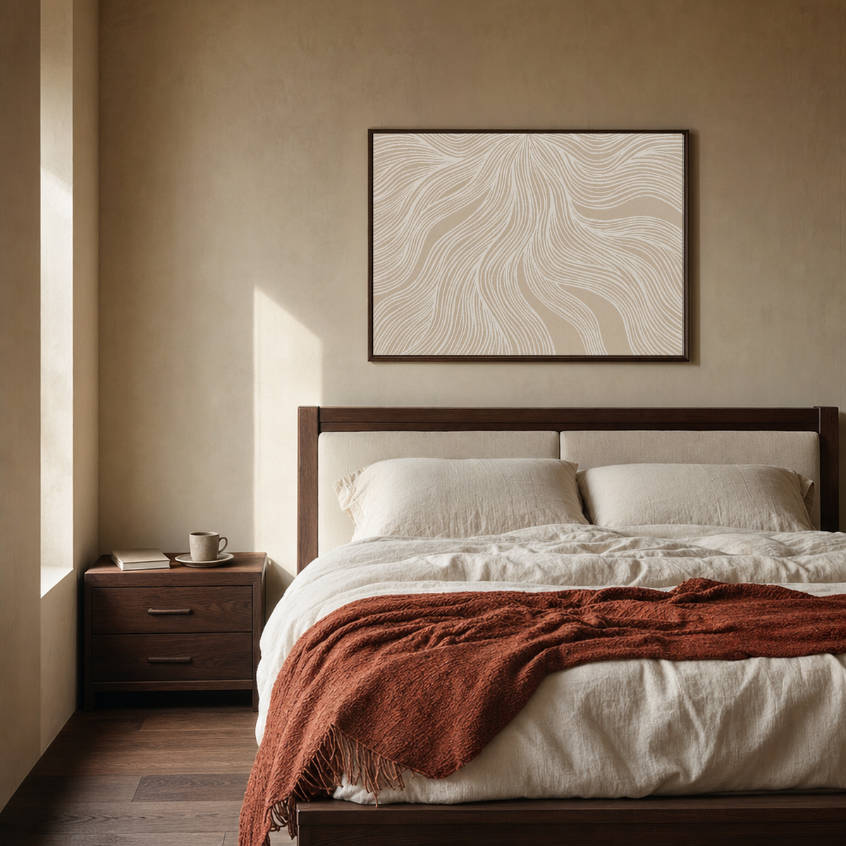 Cream Veins Across Beige Field beige line art print: unframed print is shown framed for styling in a walnut bed limewash bedroom; frame not included