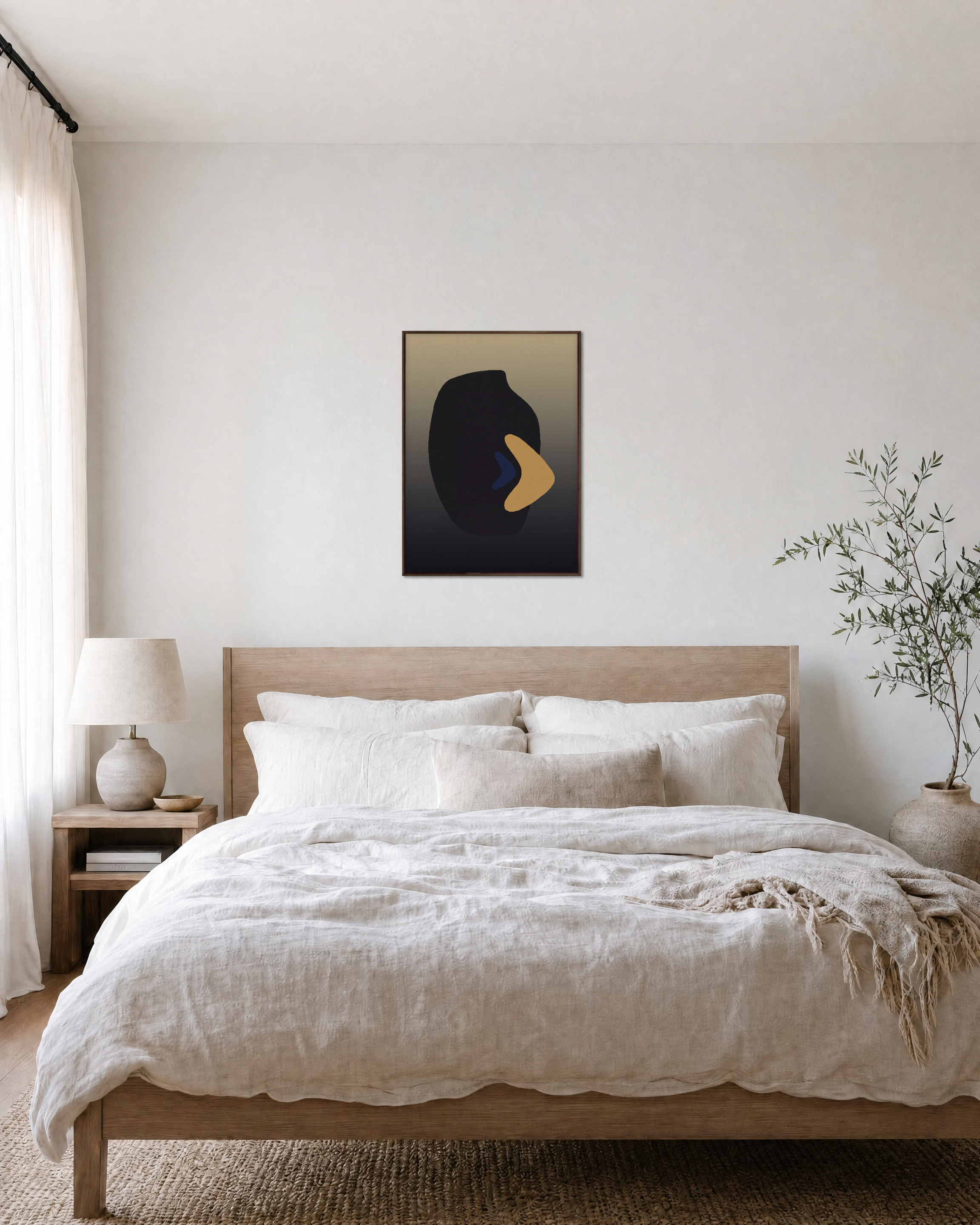Dark Vessel unframed print is shown framed for styling in a bedroom; frame not included