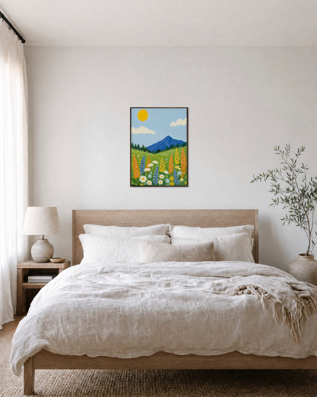 Meadow Morning wildflower wall art: unframed print is shown framed for styling in a bedroom; frame not included